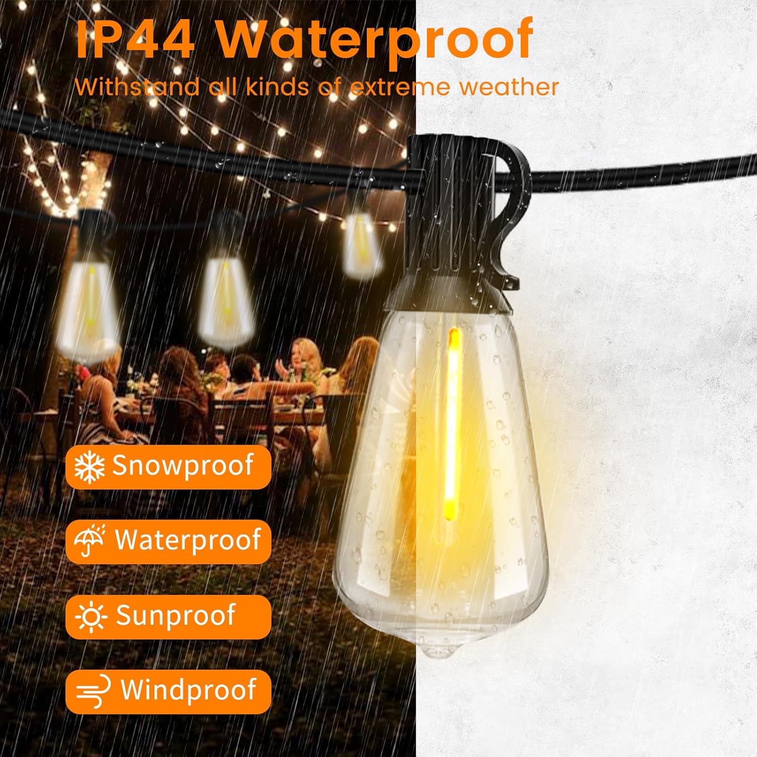 Detalle 2 de LED Outdoor String Lights 400ft with 212 Shatterproof ST38 Bulbs — Weatherproof, Dimmable, Connectable Patio Lighting