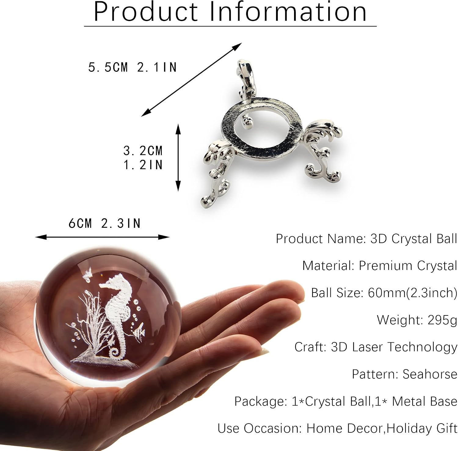 Thumbnail 1 de 60mm 3D Seahorse Crystal Ball Figurine with Stand – glass laser-engraved paperweight ornament