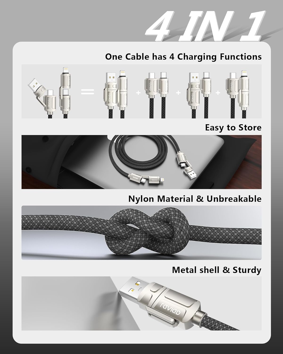 Thumbnail 3 de RAVIAD 4 in 1 USB C/A to Lightning Cable 100W