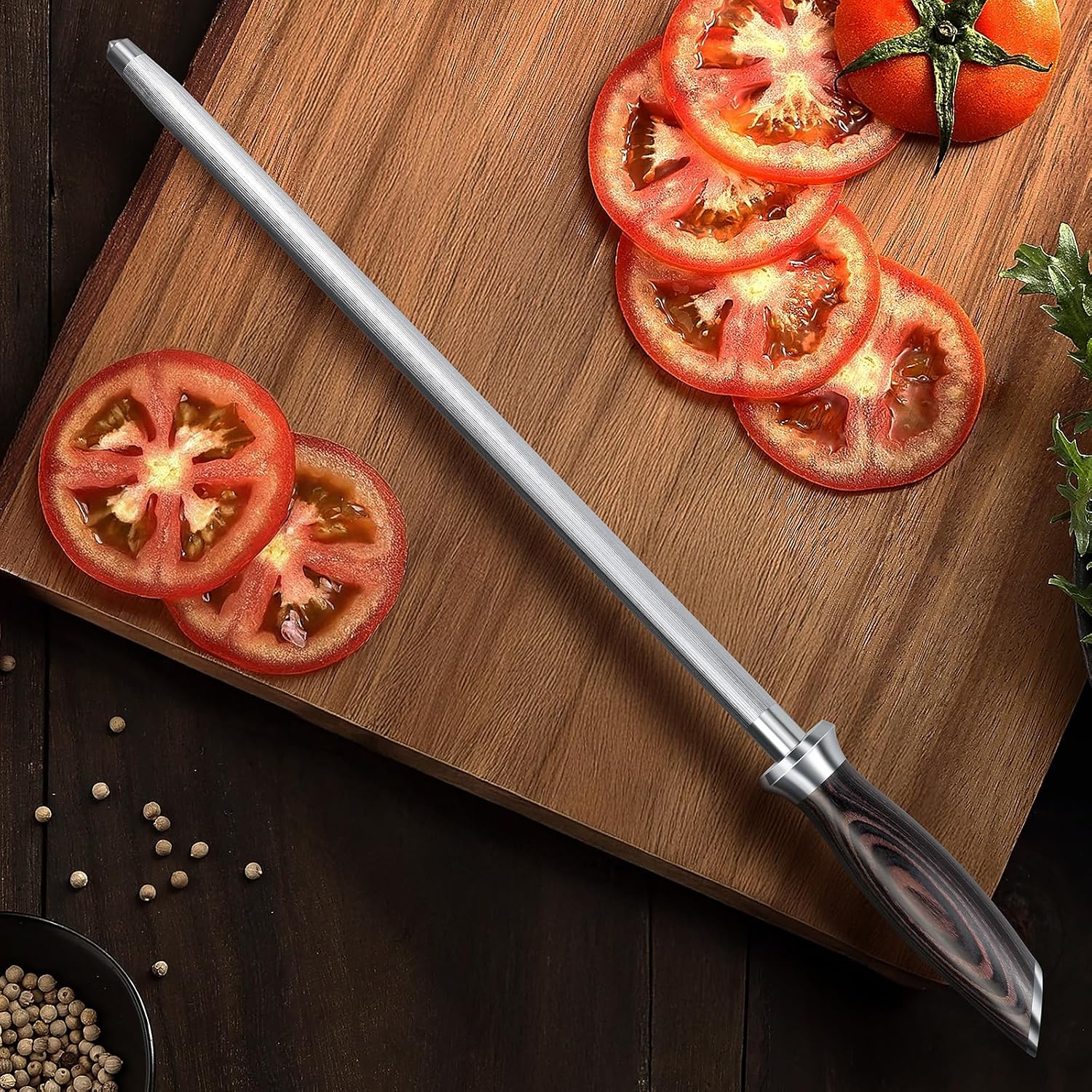 Detalle de HOSHANHO 12-Inch Honing Rod, High-Carbon Steel with Pakkawood Handle