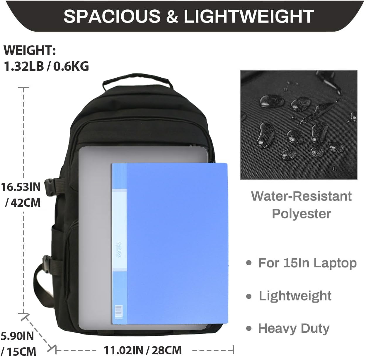 Detalle de Oreunik Schulrucksack für Mädchen & Jungen (Teenager) – leichter 15-Zoll-Laptop-Rucksack, wasserabweisend, 30 x 42 x 15 cm