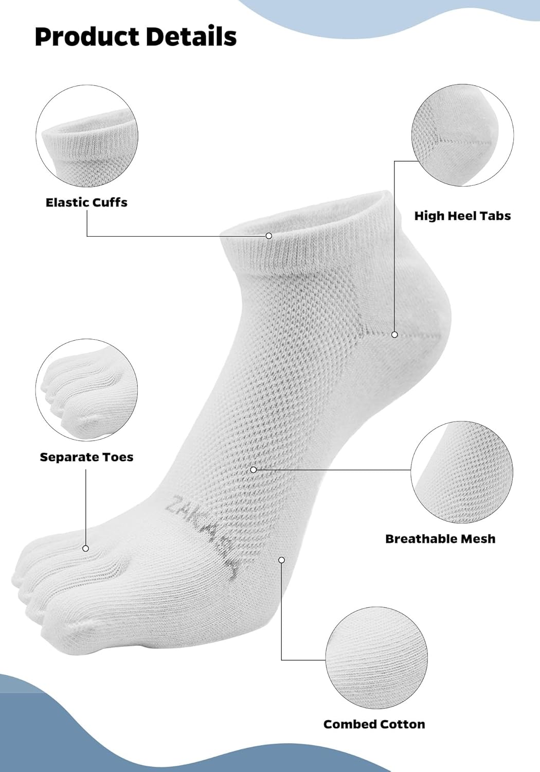 Thumbnail 2 de ZAKASA Five Toes Socks for Men – 5-finger cotton trainer socks, breathable mini crew, 5 pairs