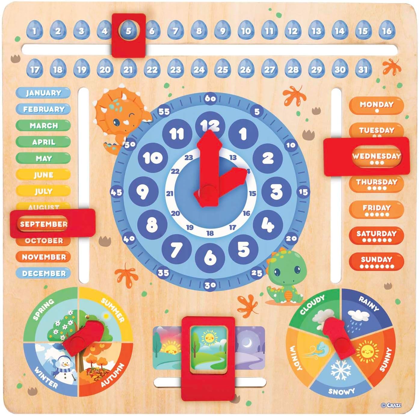 Thumbnail 3 de CRAZE English Learning Clock for Children – Dinosaur‑themed Time and Calendar Learning