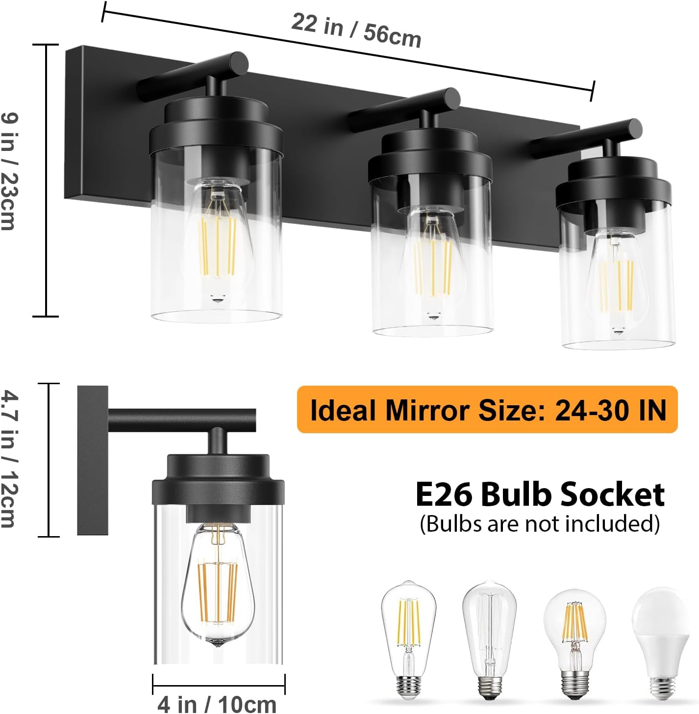 Detalle de IZORRO HL101-3T-CL 3-Light Bathroom Vanity Light, Matte Black, Clear Glass