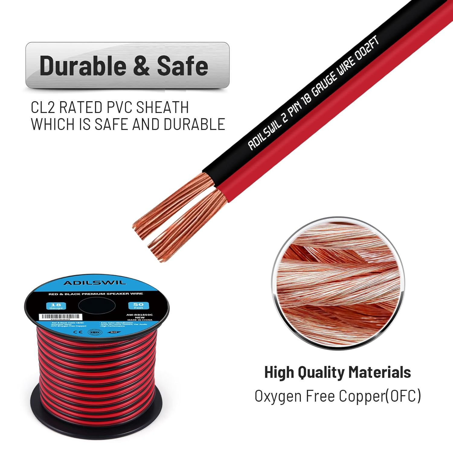 Thumbnail 2 de ADILSWIL 18/2 Speaker Wire Cable, 18 Gauge, 50FT (OFC) Red/Black CL2 Flexible Stranded Wire