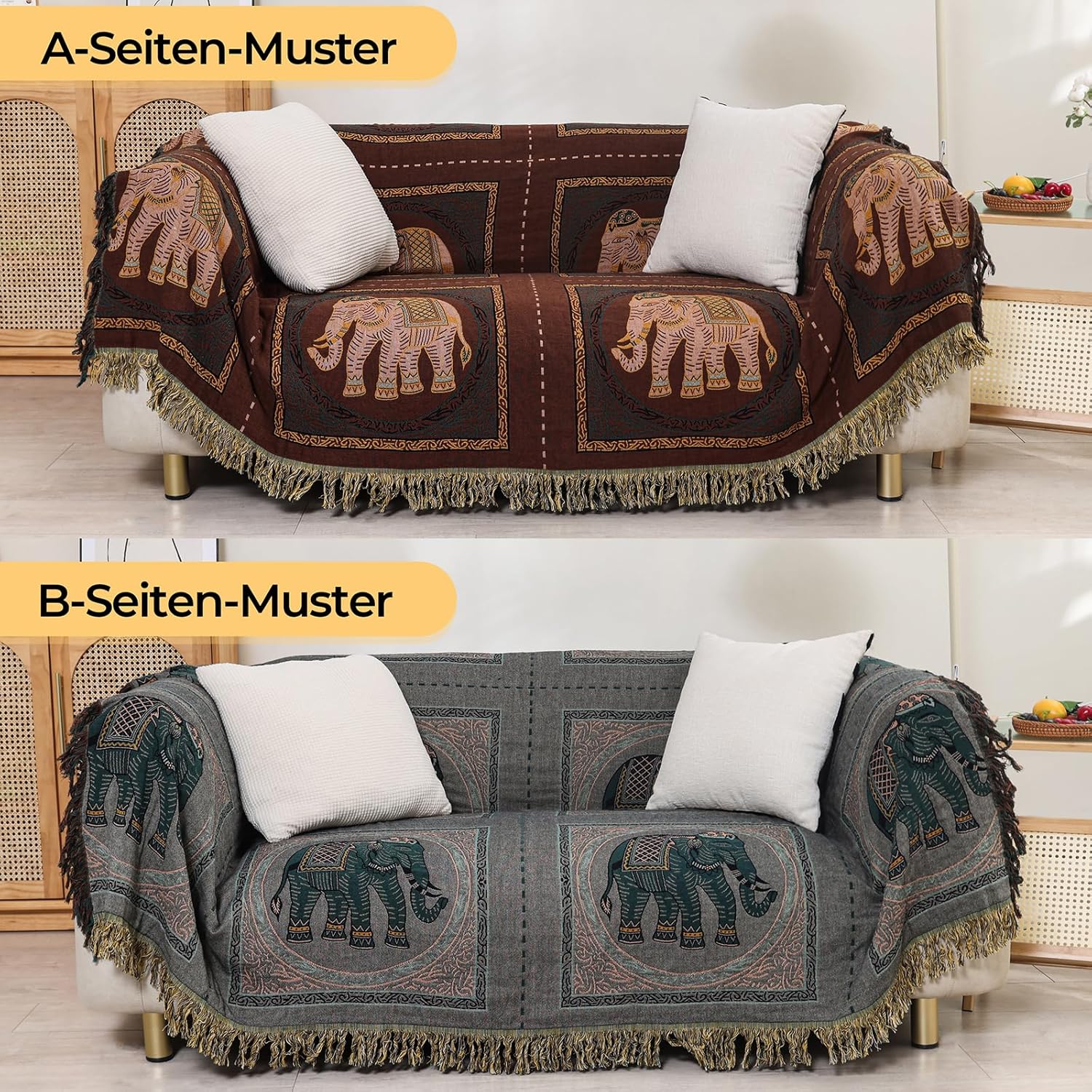 Thumbnail 3 de HOORDRY Boho Musselin-Decke aus 100% Baumwolle (doppelseitig) 200x230 cm – Elefantenaufdruck in Braun