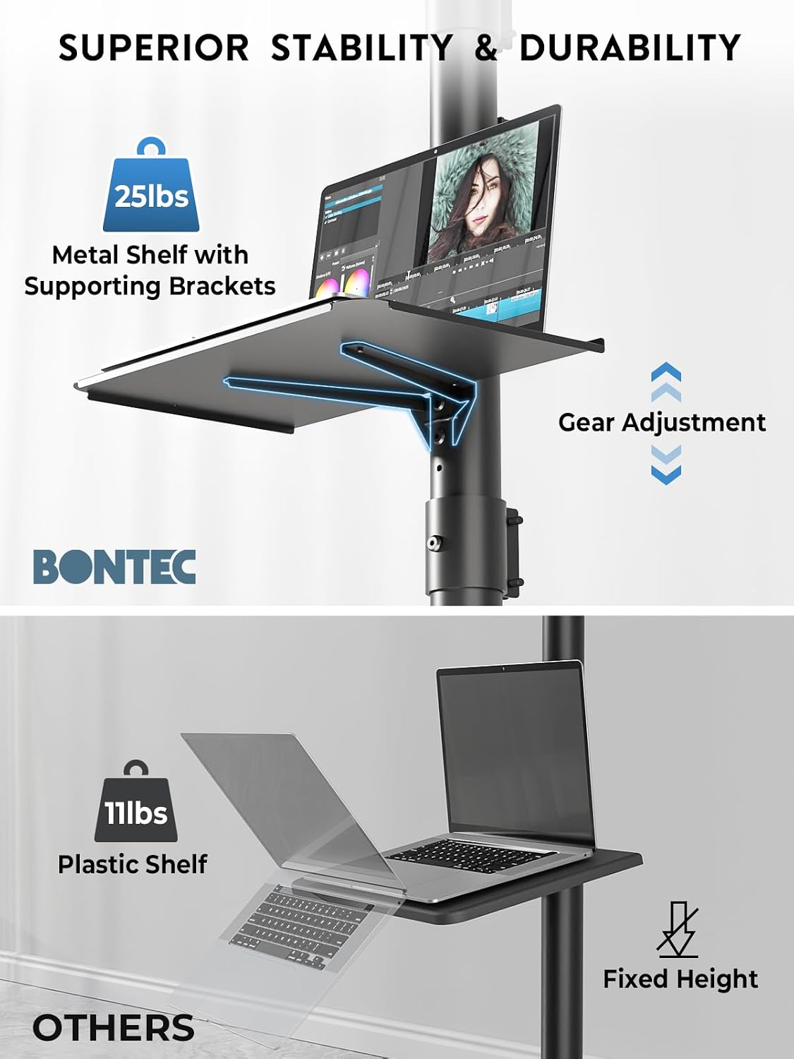Detalle de BONTEC TC-003B-US-FBA Mobile TV Stand for 23–60-Inch TVs, Adjustable Height
