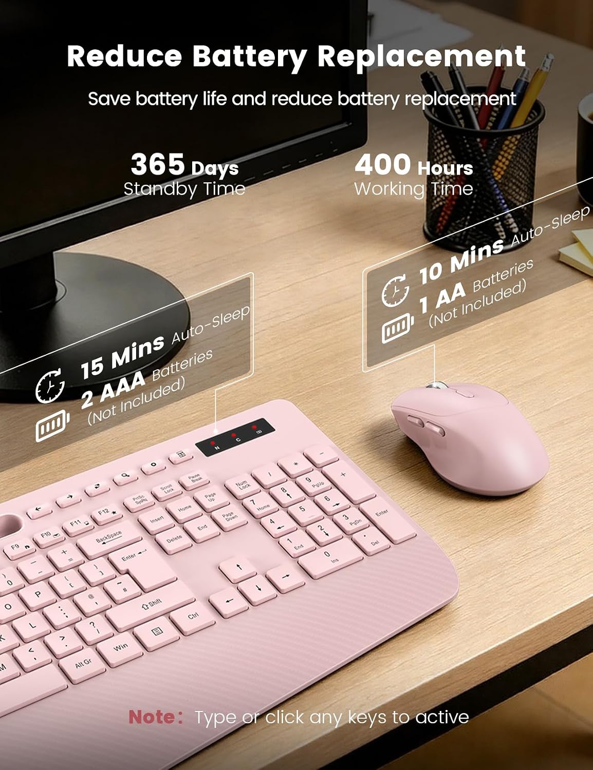 Detalle de Wireless Keyboard and Mouse Combo (Pink) — Full-Size, Ergonomic with Wrist Rest