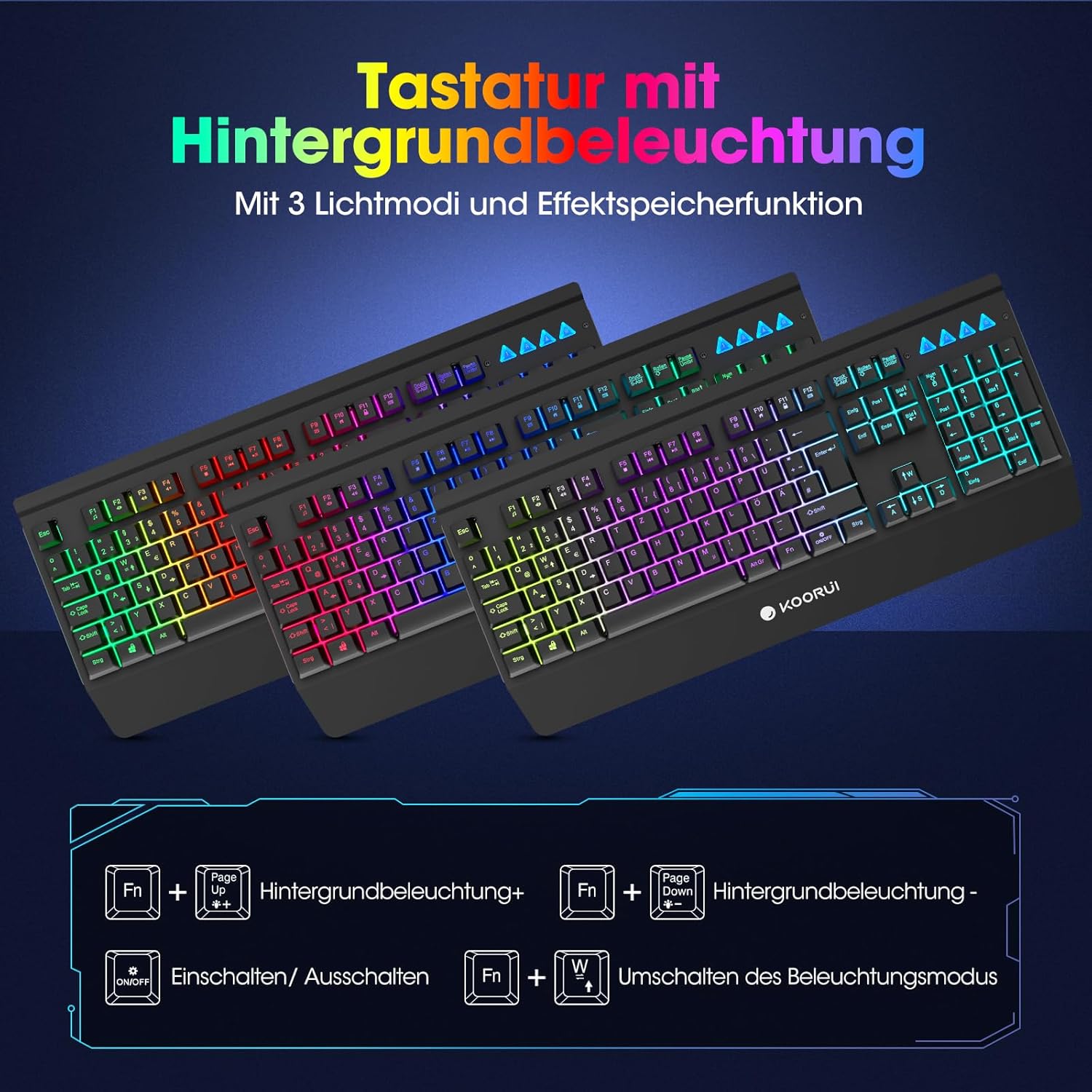 Detalle de KOORUI Gaming Tastatur – Deutsches QWERTZ-Layout, 26-Knopf Anti-Ghosting, Spritzwasserschutz, RGB-Backlight und 12 Multimedia-Tasten