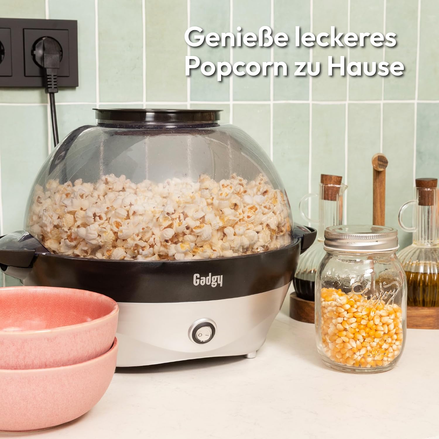 Detalle de Gadgy Popcornmaschine Retro 5 L 800W – Antihaftbeschichtung, Rührarm und abnehmbare Heizplatte (Silber)