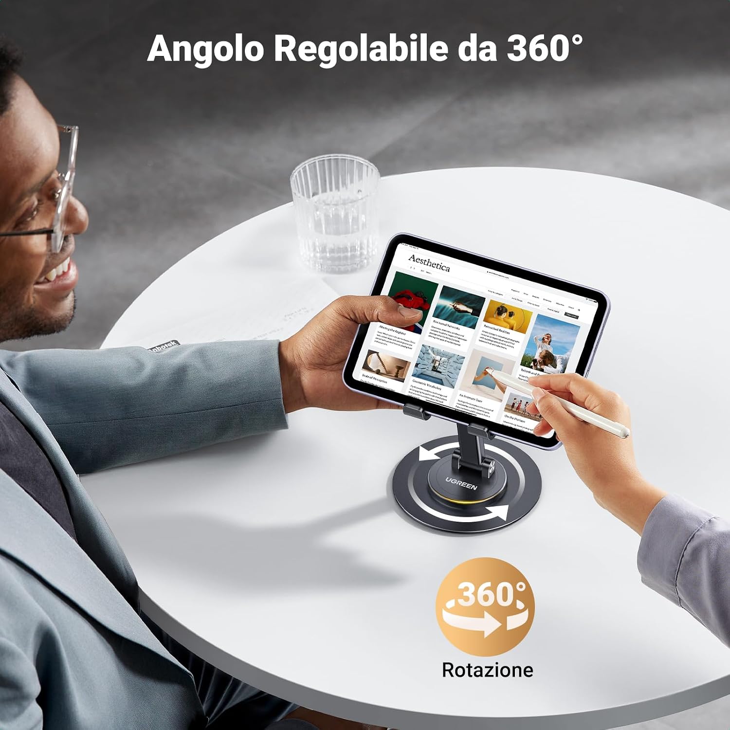 Detalle 2 de UGREEN supporto cellulare regolabile da tavolo con base girevole 360° per iPad mini e smartphone 4–9,7