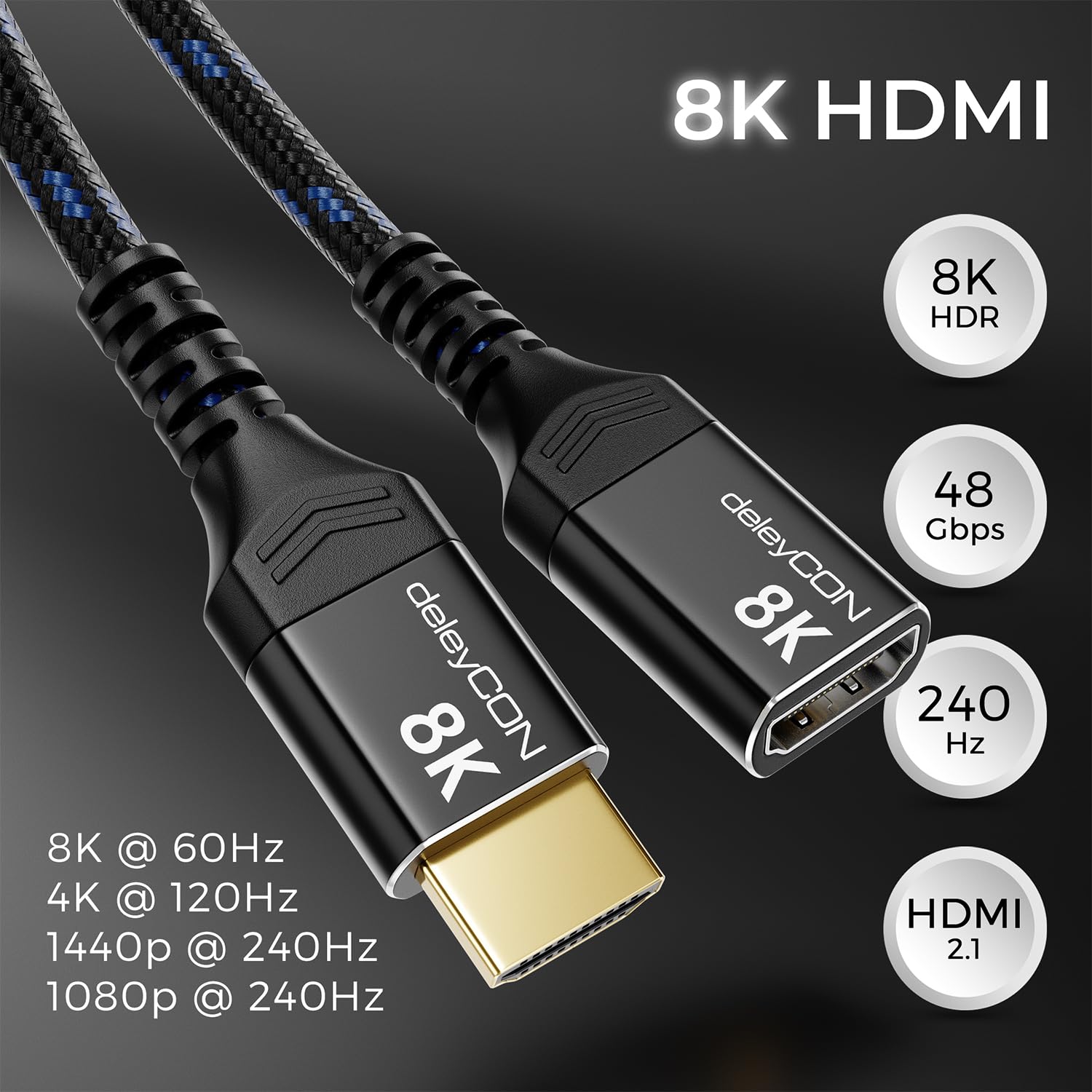 Detalle de deleyCON 2m 8K HDMI 2.1 Verlängerungskabel – Kupplung/Verlängerung für TV, Monitor, PS4/PS5, Xbox, eARC HDR10+ 48 Gbps
