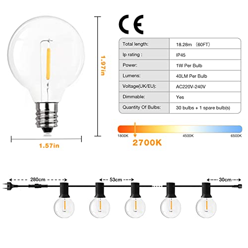 Detalle 2 de GPATIO Guirlande Guinguette Extérieur G40 – 18 m, 30+1 LED IP45, Blanc Chaud