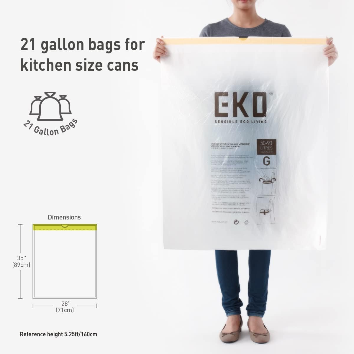 Detalle 2 de EKO Lot de 60 Sacs Poubelle 50-90 L – avec poignées Auto-Fermeture, Extra forts et Anti-fuites – Code G