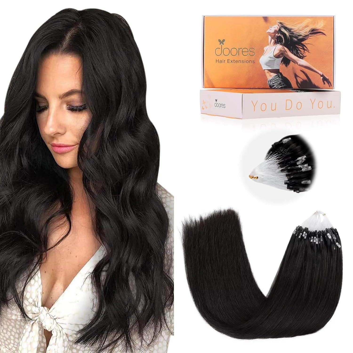 Detalle de DOORES Microlink Hair Extensions: Natural Black, 18 Inch Virgin Remy Micro Loop
