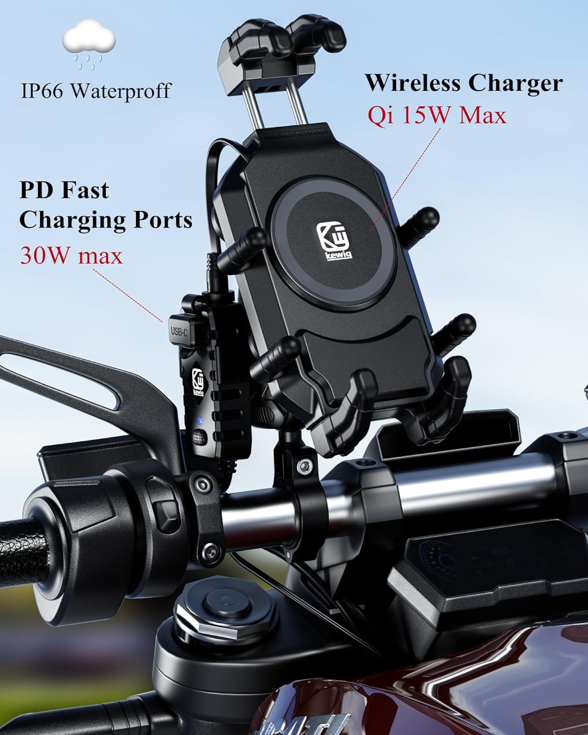 Thumbnail 1 de BRCOVAN Motorcycle Phone Mount with Qi 15W Wireless Charger & 30W PD USB-C Fast Charge
