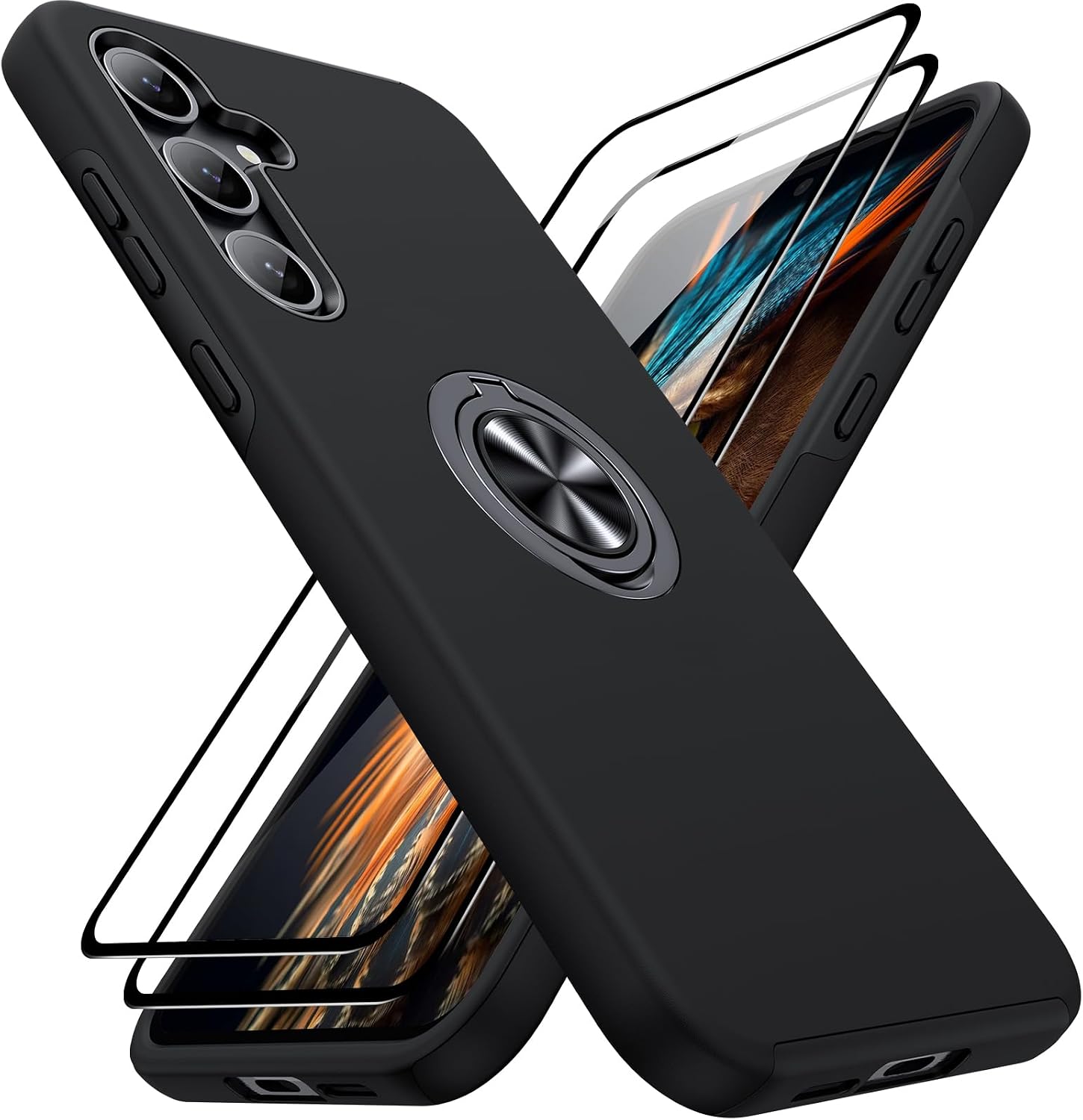 Detalle de AOUIA Samsung Galaxy A55 5G case with 2 screen protectors, 360° ring kickstand and military-style drop protection (Black)