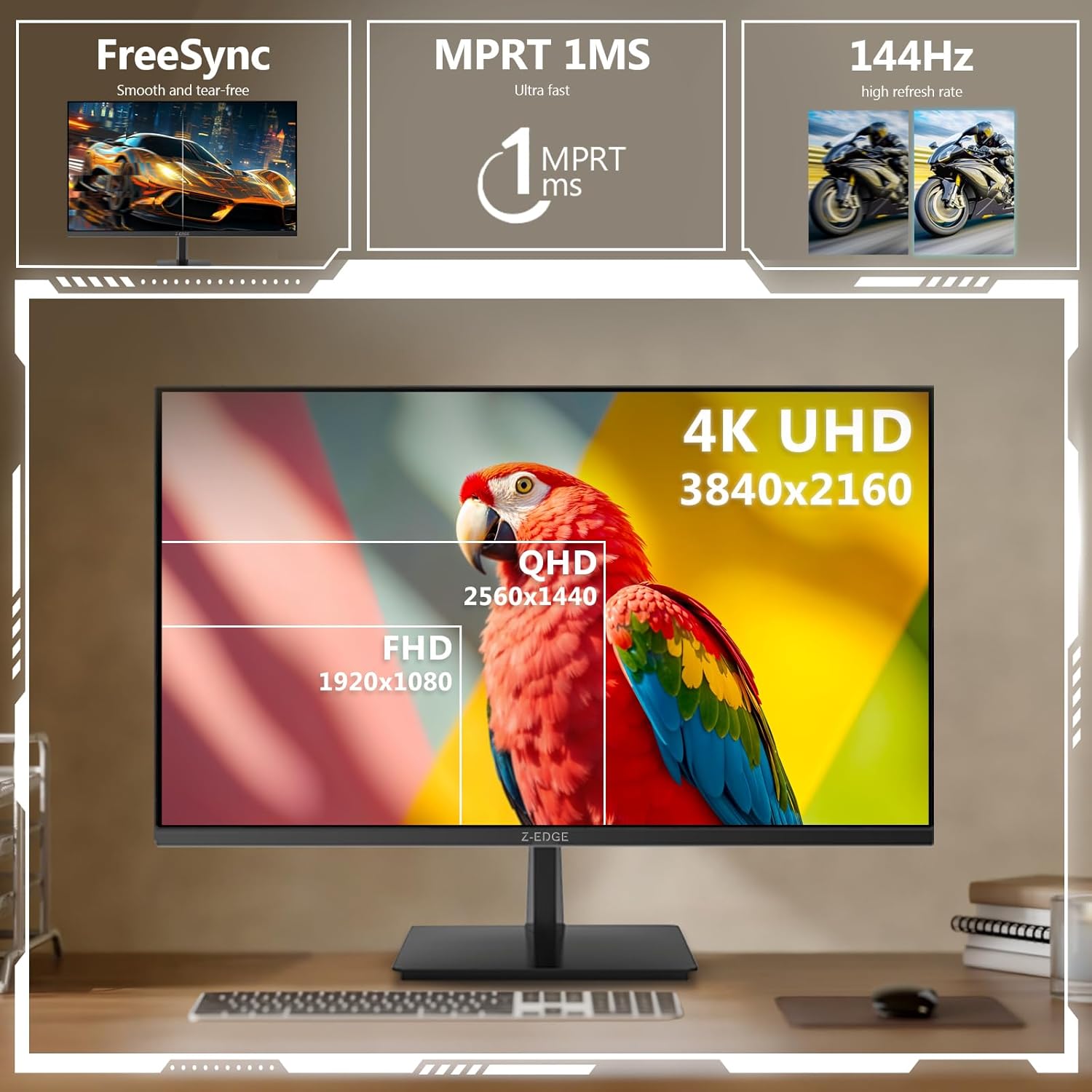 Detalle 2 de Z-Edge 28 Zoll 4K 144Hz Gaming Monitor – UHD IPS mit HDR10, FreeSync und HDMI 2.1