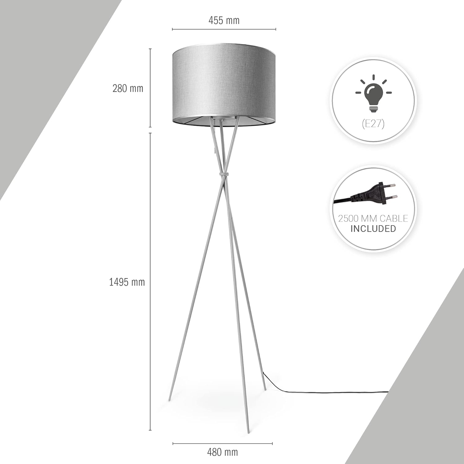 Thumbnail 2 de Paco Home Stehlampe Wohnzimmer Dreibeinstativ mit Stoffschirm – E27 Leuchte, Stecker, einfarbig