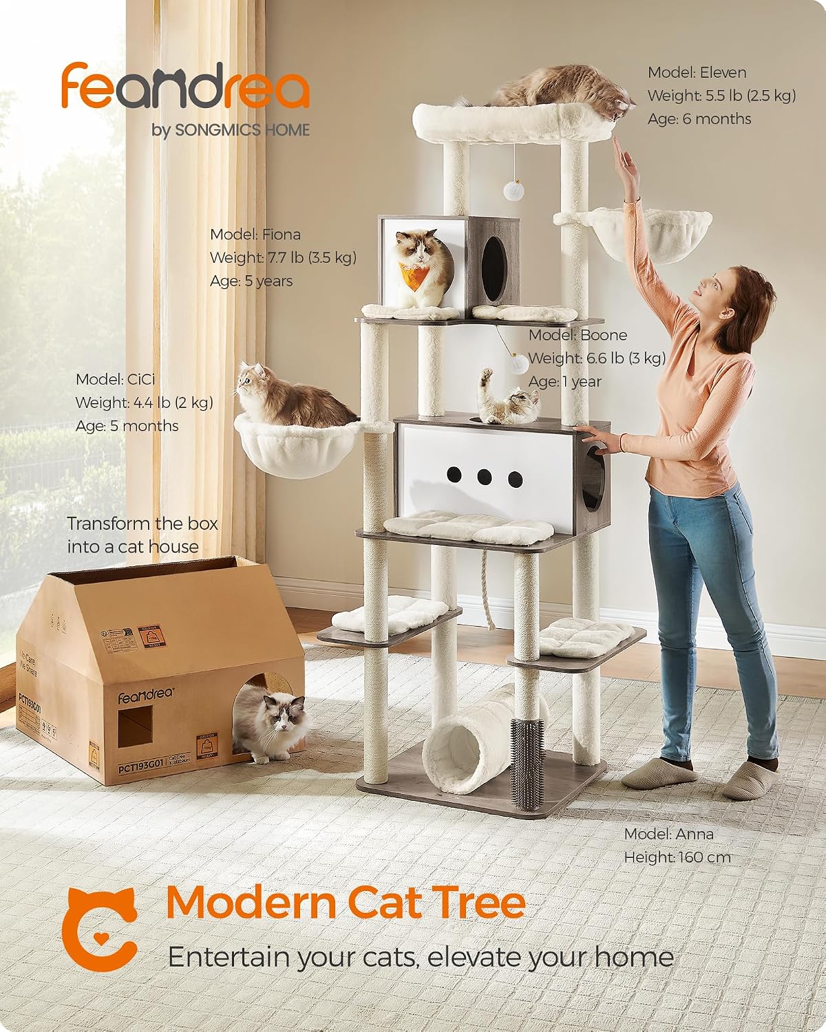 Detalle de Feandrea PCT193G01 XXL Cat Tree with Two Caves, Sisal Posts and Tunnel