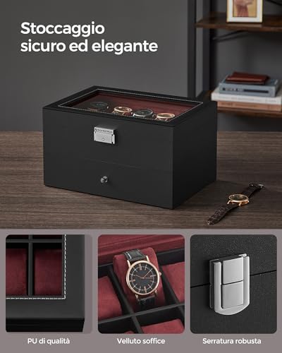 Detalle de SONGMICS BRIDIE JWB020R01 porta orologi a 2 livelli, 20 posti e coperchio in vetro