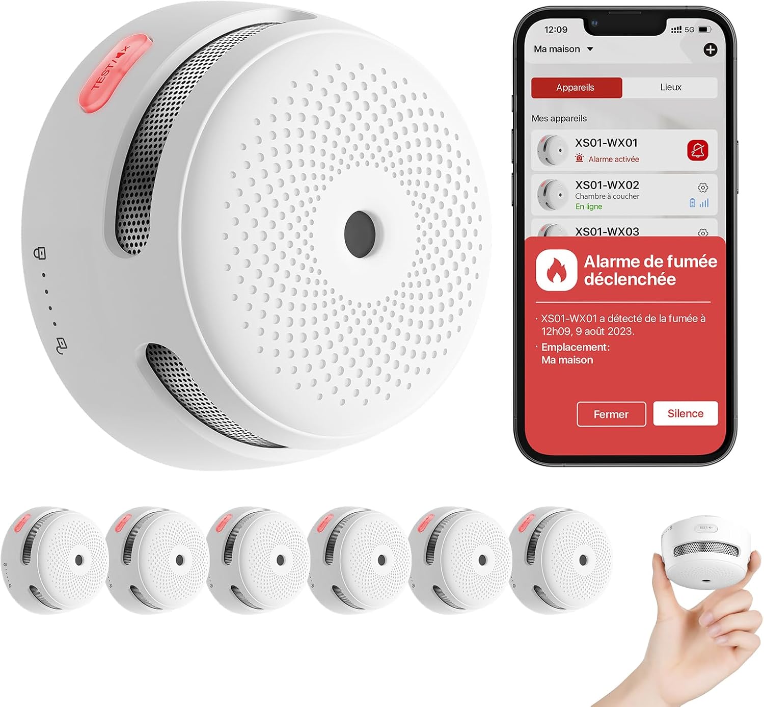 X-Sense Détecteur de Fumée Connecté XS01-WX (Lot de 6) – pile remplaçable, 2,4 GHz Wi-Fi, EN14604