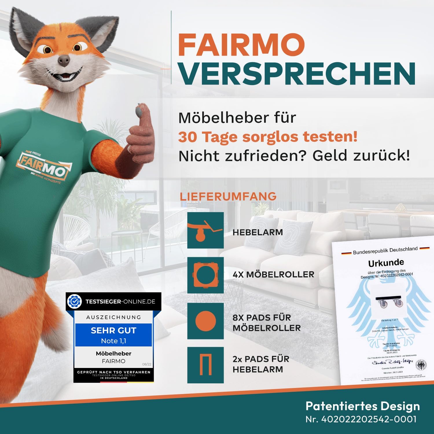 Detalle 2 de FairMO Möbelheber für schwere Möbel – 4 Möbelroller und 1 Lastenheber (Anti-Rutsch-Pads) | Schonende Transportrollen aus TPE