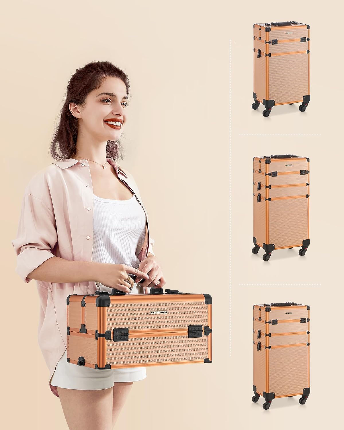 Detalle 2 de SONGMICS Kosmetikkoffer Trolley 4-in-1 Schminkkoffer JHZ015A01 – extra groß, Champagnergold