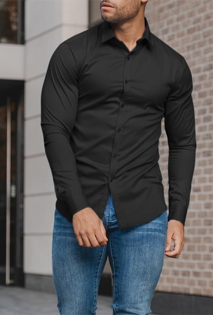 Detalle de EOUOSS Men’s Muscle Fit Dress Shirt with Stretch – Slim Athletic Long Sleeve