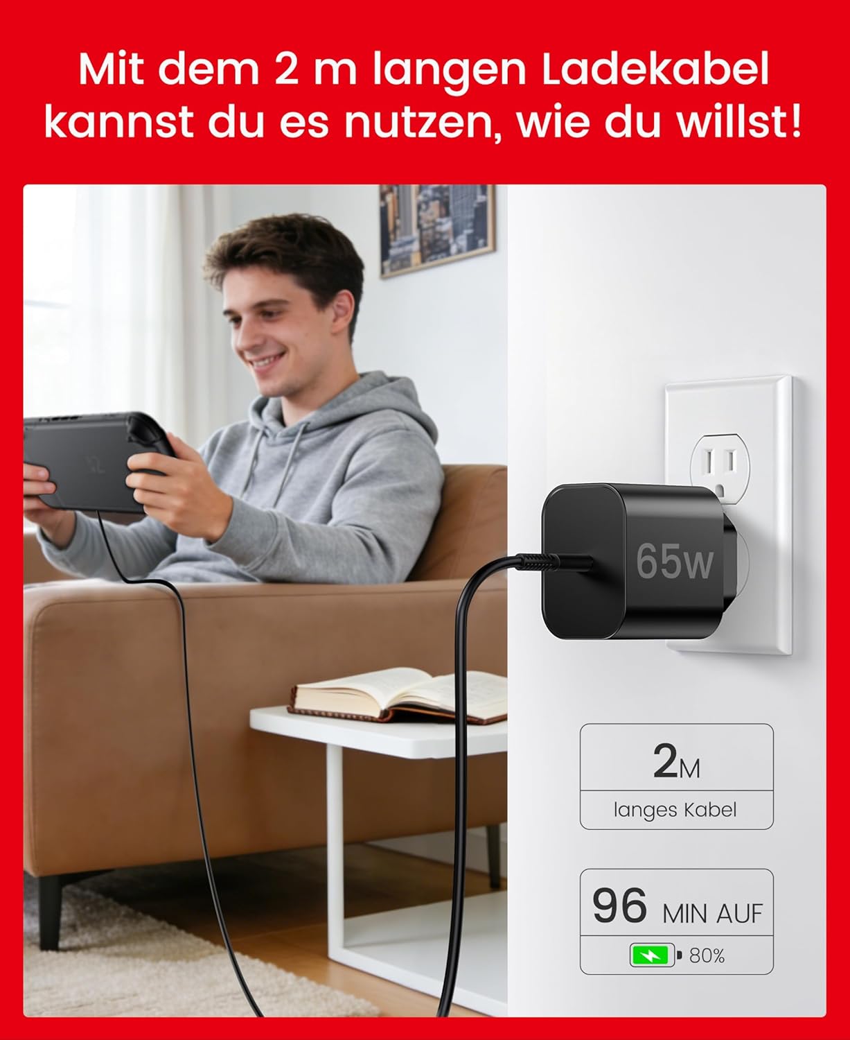Thumbnail 5 de HELLCOOL 65W Switch 2-Netzteil mit 2 m GaN 3.0 USB‑C Kabel – PD3.0 Schnellladen, 4K Docking-Modus