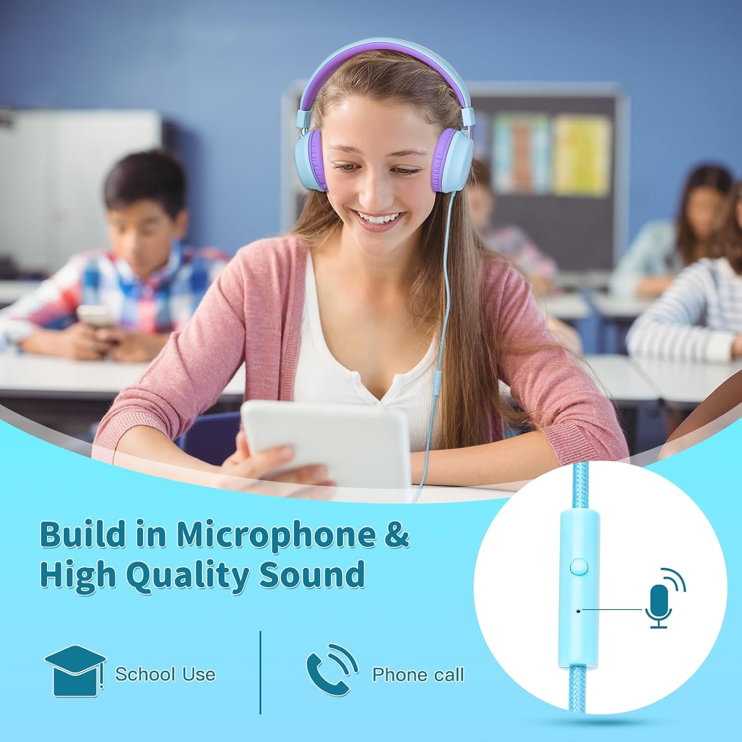 Detalle 2 de Olyre Kids Headphones (Toddler Wired Headset with Mic) for School, Plane & Travel — Icy Mint Blue/Purple