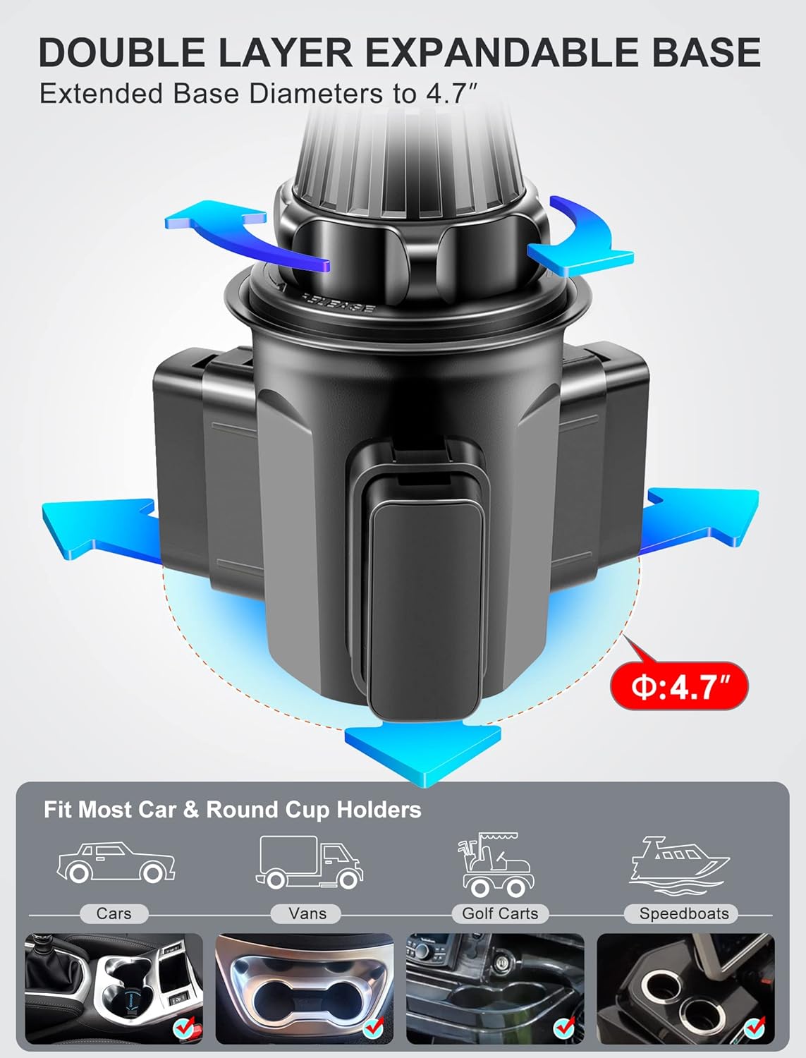 Thumbnail 2 de TOPGO Cup Holder Phone Mount (No Shaking & Height-Adjustable Pole) for Car – Black