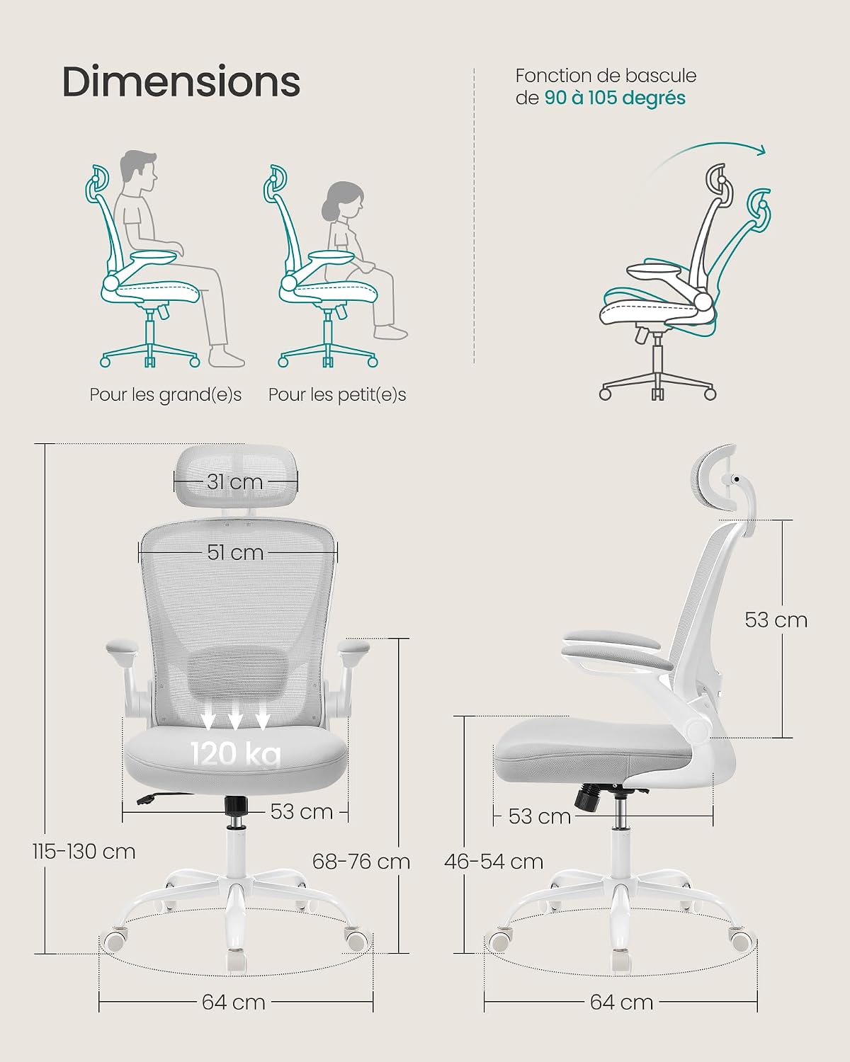 Detalle de SONGMICS KIME OBN047G01 bureaustoel met hoofdsteun en kantelfunctie
