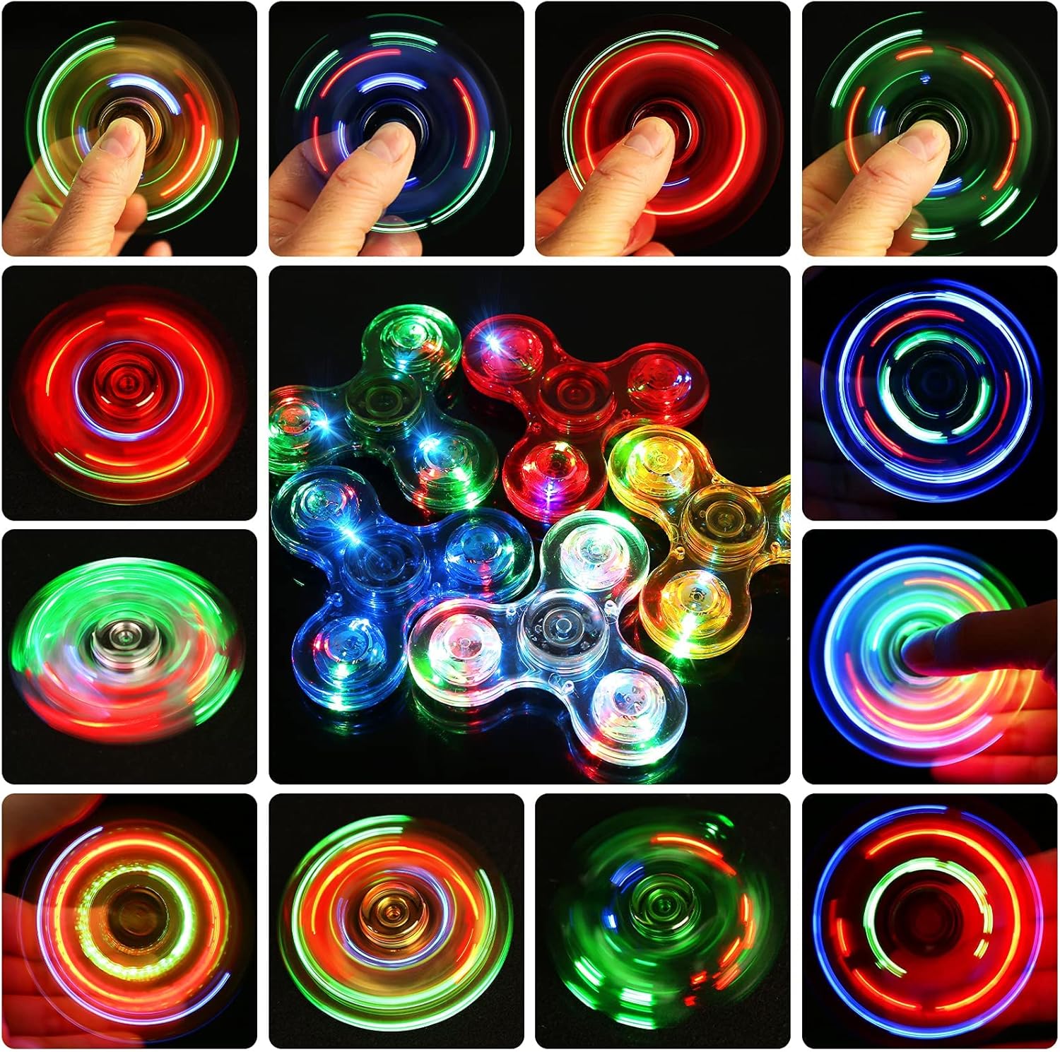 Detalle de SCIONE Fidget Spinner 5er Set – Leuchtende LED Kristall Spinner für dunkle Partys