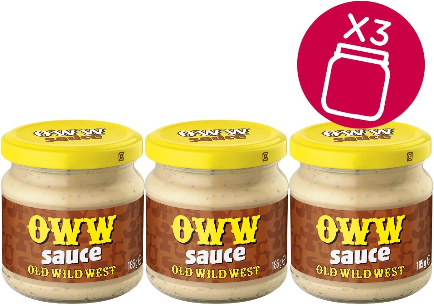 Detalle de Old Wild West Salsa: trio da 3 vasetti da 185 g ciascuno (555 g) – gusto cremoso, medium-dolce e leggermente affumicato