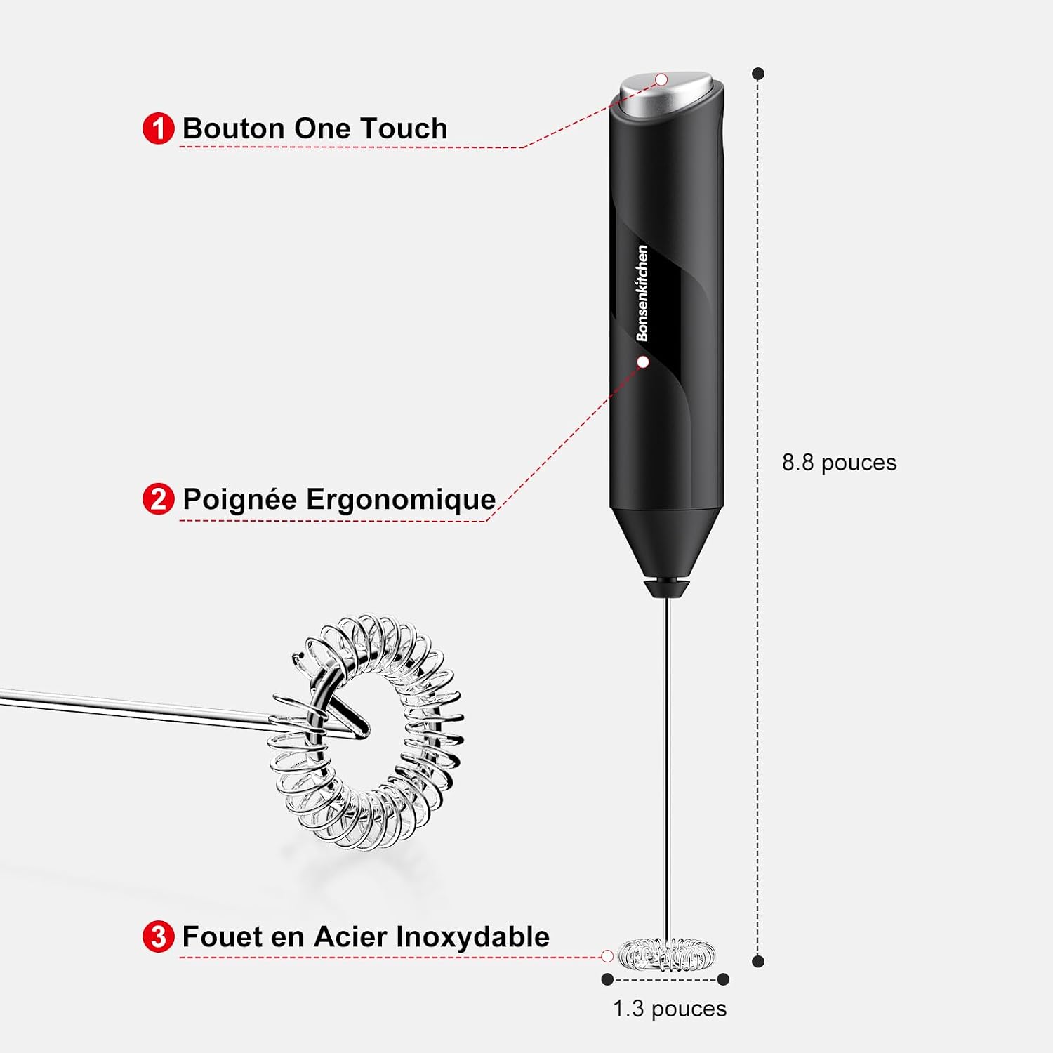 Thumbnail 5 de Bonsenkitchen Mousseur à Lait Électrique en Acier Inoxydable — Portable, 2 piles AA