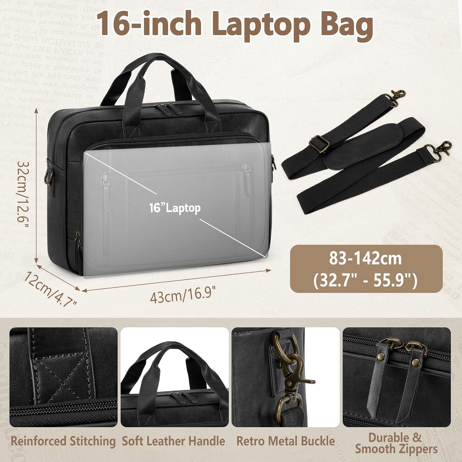 Thumbnail 4 de RAINSMORE 16-Inch Laptop Bag for Men – Waterproof PU Leather Satchel Briefcase
