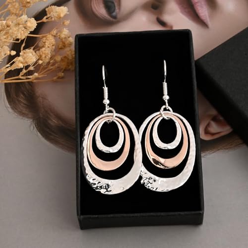 Thumbnail 6 de Aliyoham Hammered Triple Oval Drop Earrings for Women, Silver & Rose Gold