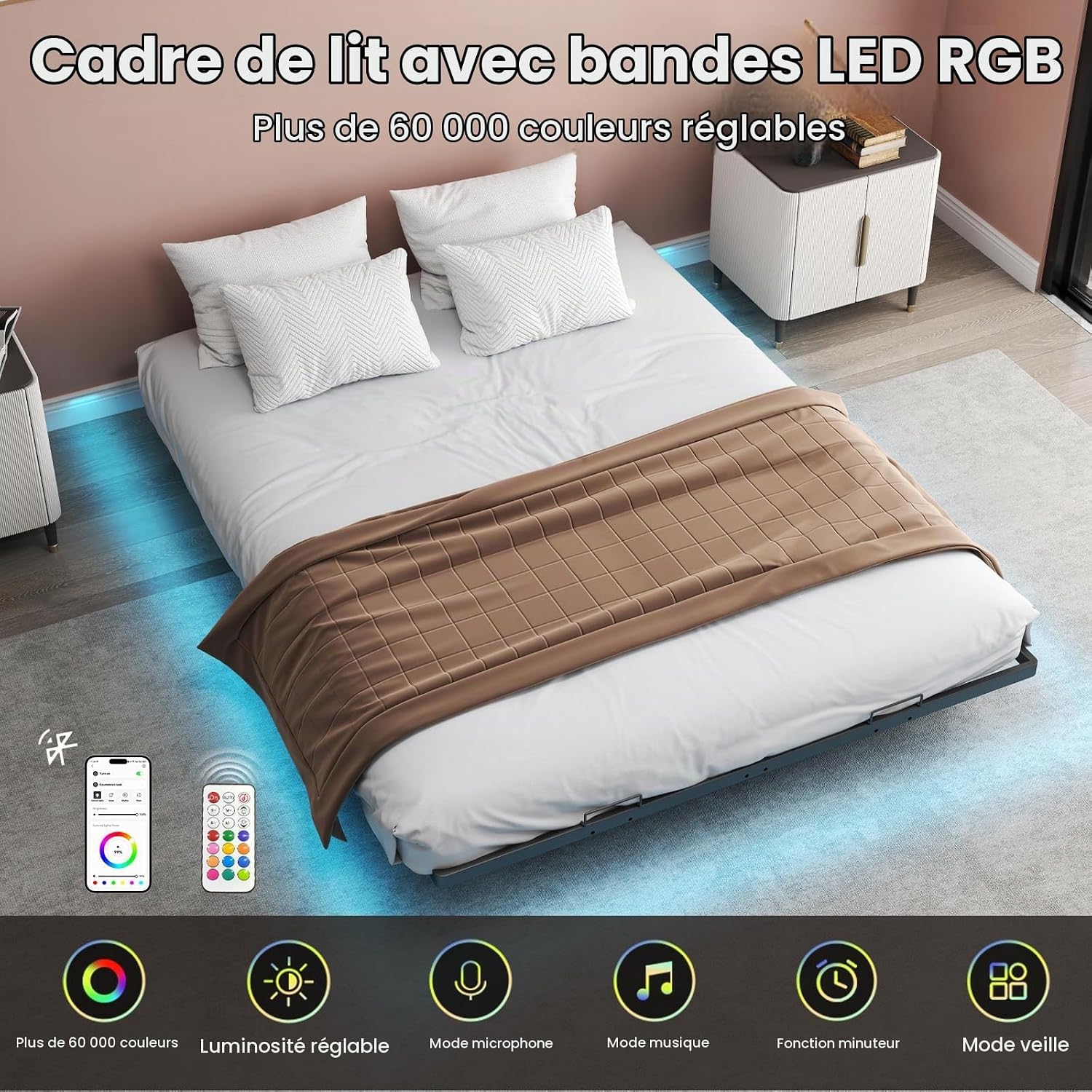 Detalle de COMHOMA BF005-BE metalen bedframe 90 x 190 cm met RGB-led en USB-poorten