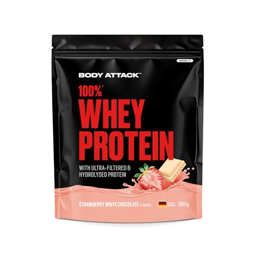 Detalle de Body Attack 100% Whey Protein Strawberry White Choc., 900 g – Cremiges Eiweißpulver mit Hydrolysat & BCAA für Muskelaufbau