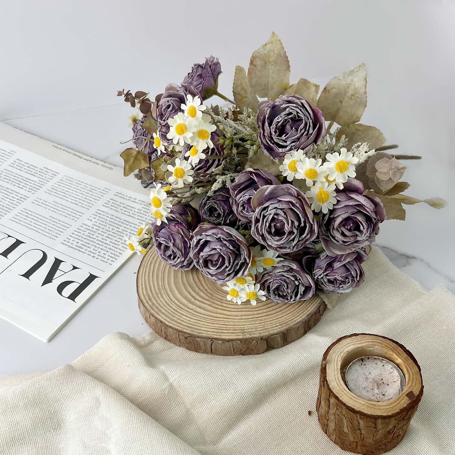 Detalle de Daily Treasures Vintage Dry Flower Bouquet Set – Fire-Roasted Rose with Daisies, Autumn Purple, 30cm