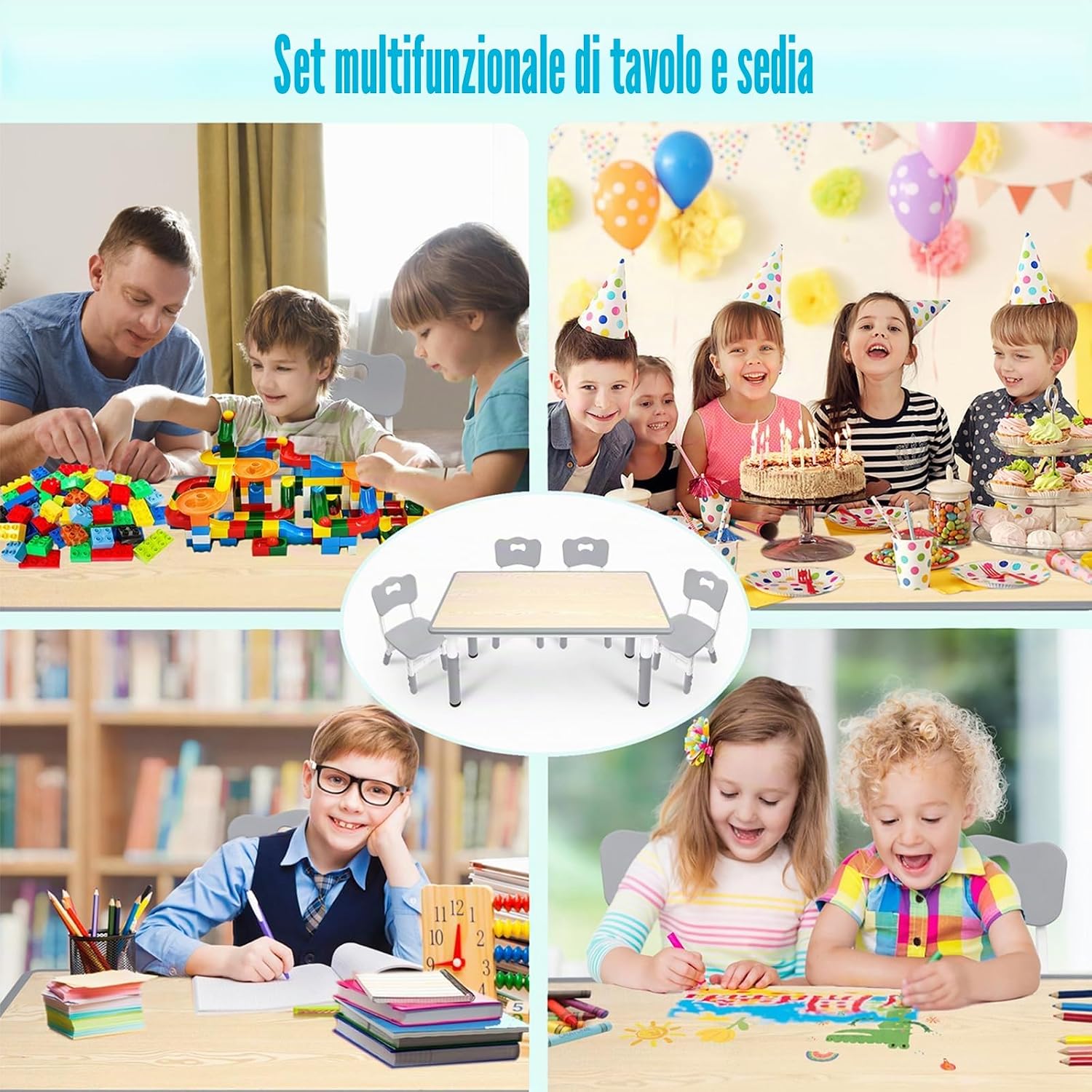 Detalle de ACXIN Tavolo per bambini con sedie in plastica, regolabile in altezza, grigio