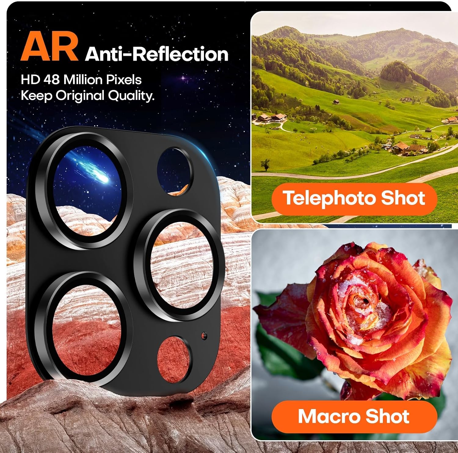 Detalle de Wumigoo for iPhone 16/15/14(Pro Max & Pro) Camera Lens Protector, Black Titanium, 9H