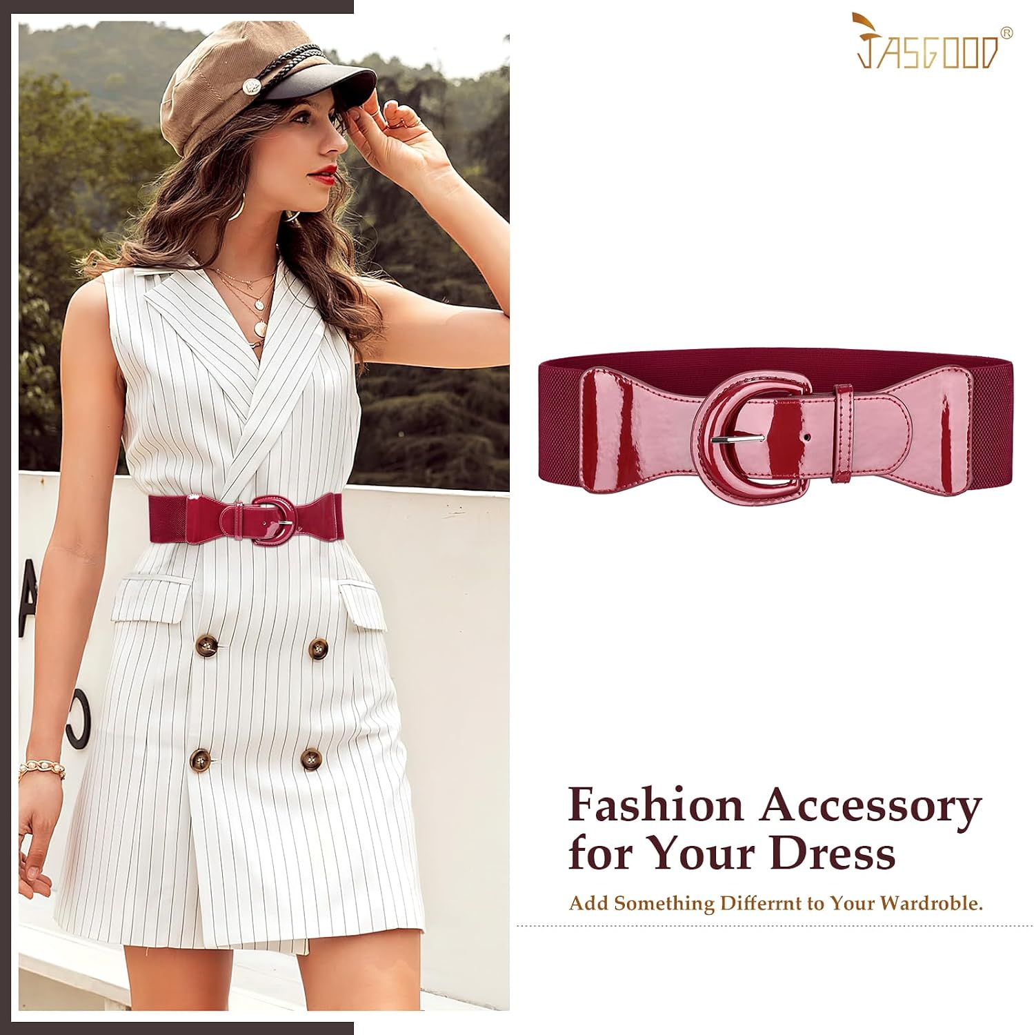 Detalle de JASGOOD Women's Wide Elastic Belt, Patent Leather