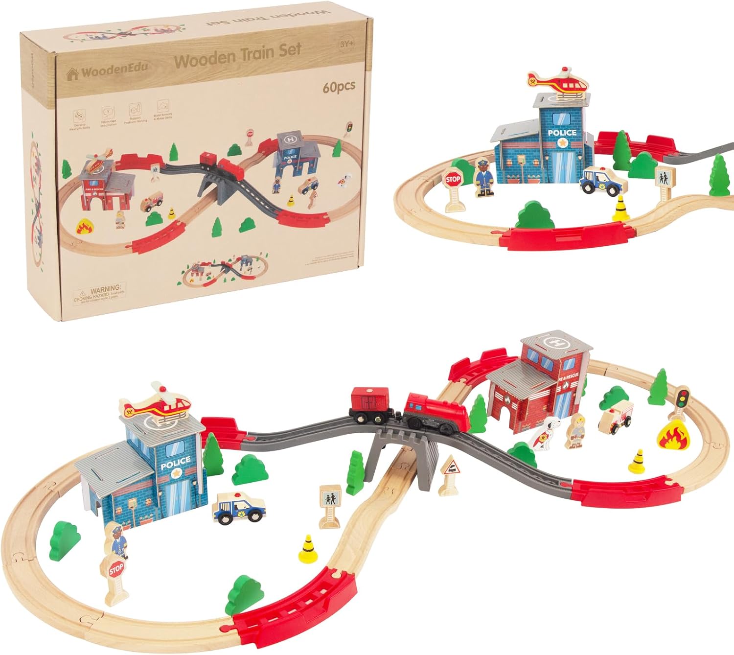 Detalle de WoodenEdu 60-Pc Train Set ⚙