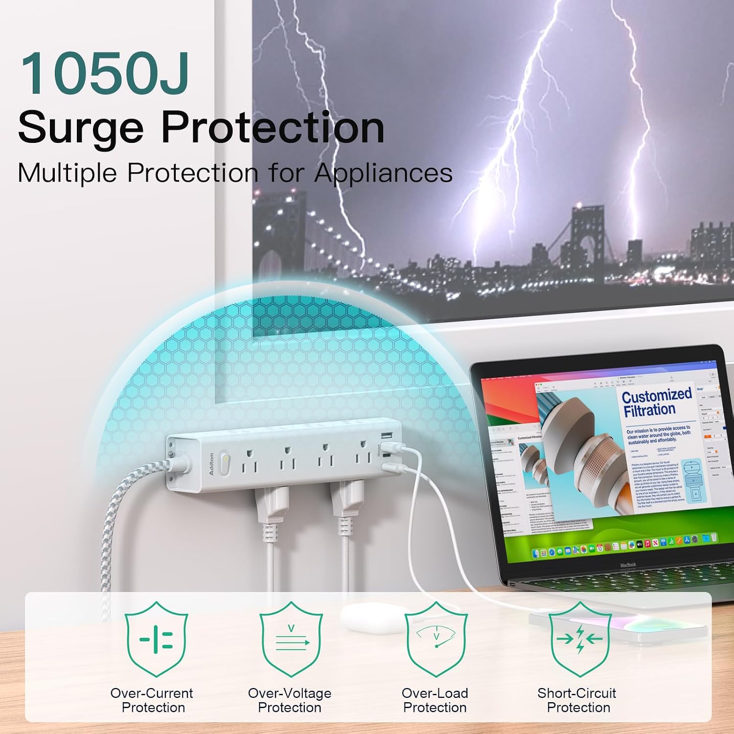 Thumbnail 4 de Surge Protector Power Strip 1050J โ 12-Outlet Strip ๐