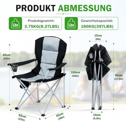 Detalle de Obqer Campingstuhl Faltbar Gepolstert Heavy Duty bis 180 kg mit USB-Heizung, Getränkehalter und Tragetasche