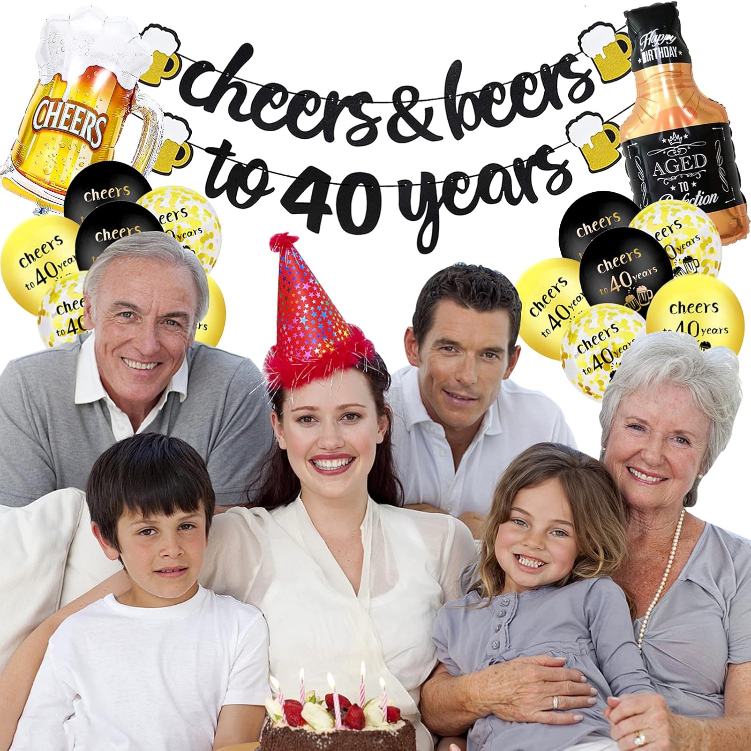 Thumbnail 4 de 40th Birthday Decoration Kit: Happy 40 Balloons, 40 Banner & Black & Gold Foil Balloons