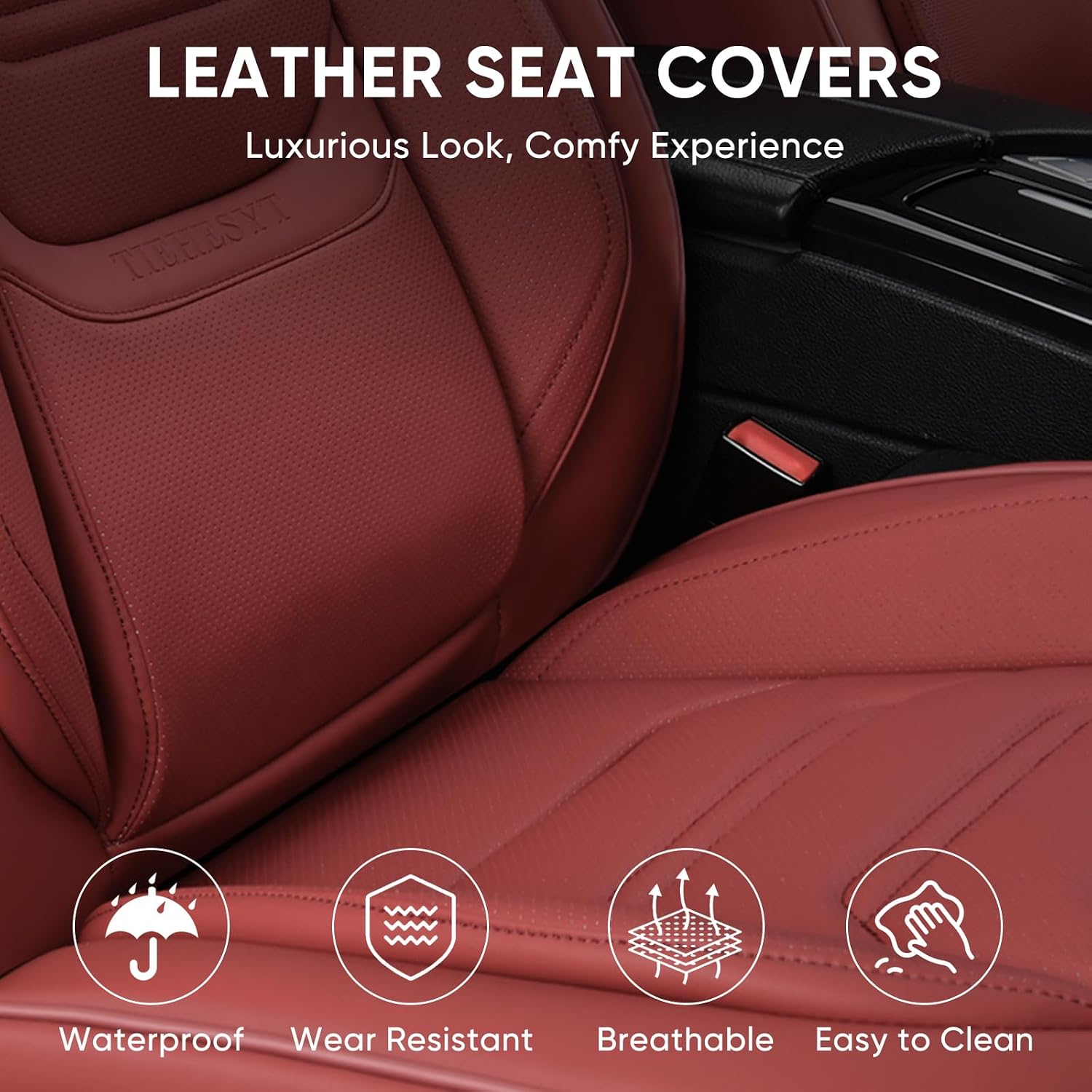 Thumbnail 5 de TIEHESYT Wine Red Car Seat Covers Full Set – Breathable Leather Front & Rear Seat Covers with Memory Headrest