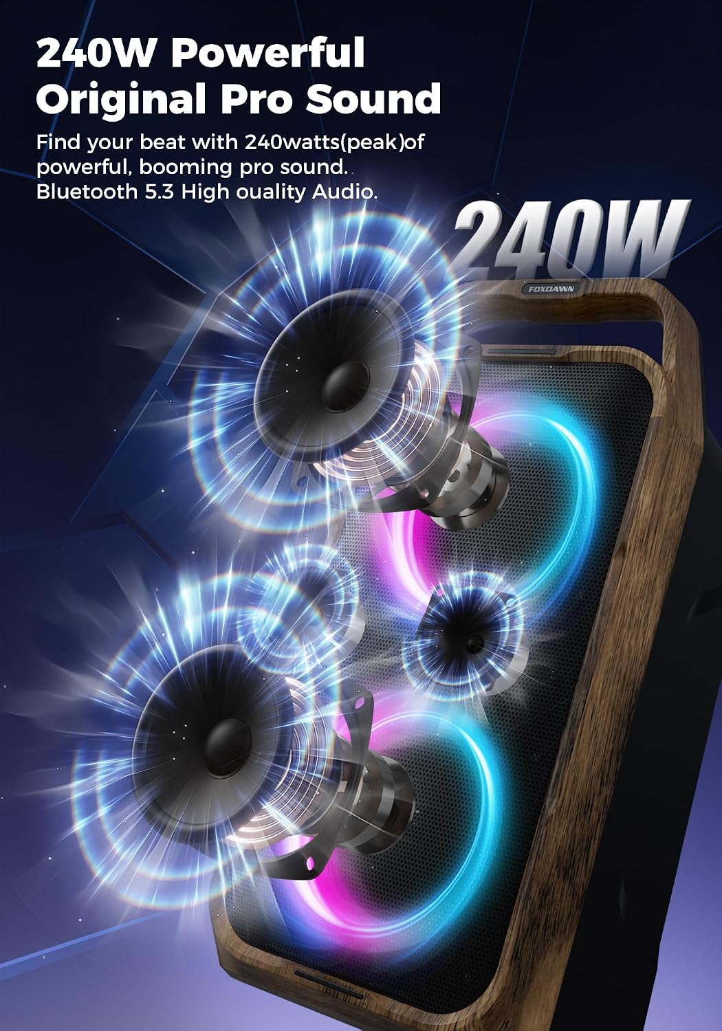 Thumbnail 1 de Foxdawn Portable Bluetooth Speaker: 240W Peak, Deep Bass, LED Light Show
